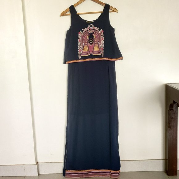 Global Desi full length blue dress sleeveless hand painted with Crop & lining